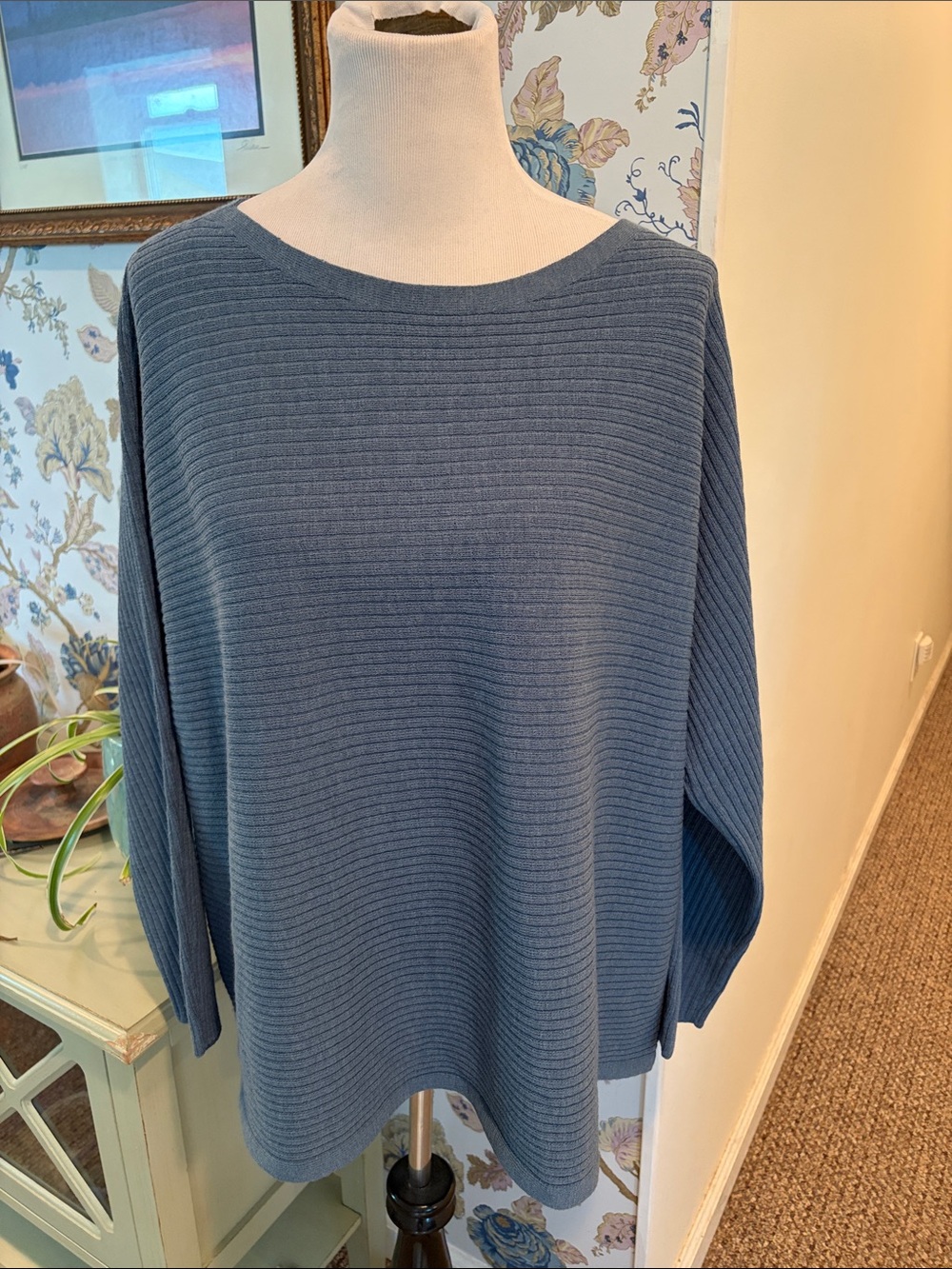 Eileen Fisher Wool Slate Blue Ribbed Boatneck Sweater